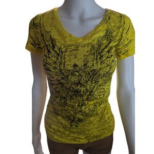 Y2K Harley Davidson Yellow Burnout Tee Sem-Sheer Angel Wings Beaded Detail Sz XS